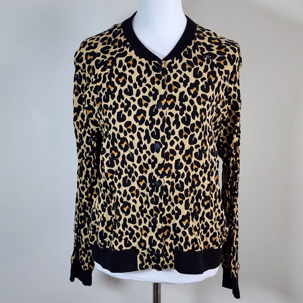 Twik Leopard Print Bomber Cardigan Womens Large Tan Black‎ Snap Front Rayon Coat